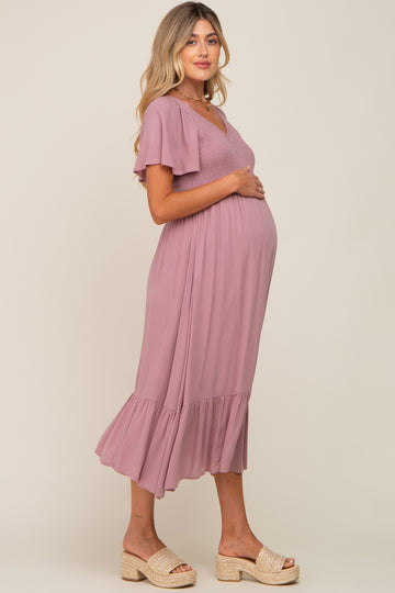 Lavender Smocked V-Neck Midi Dress