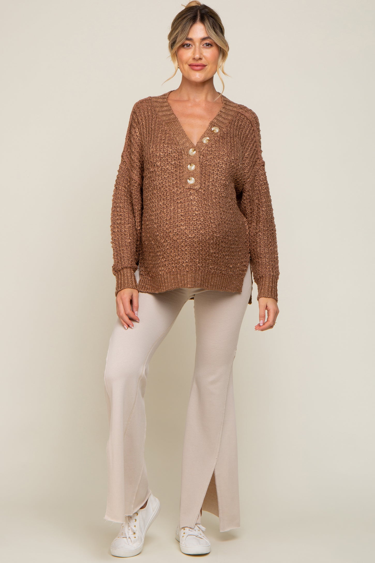 Mocha Chunky Knit Button V-Neck Maternity Sweater