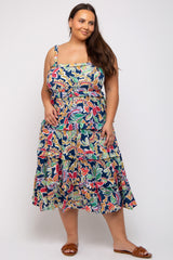 Navy Blue Multi-Color Floral Sleeveless Tiered Plus Midi Dress