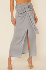 Faded Denim Woven Tie Waist Front Slit Straight Maxi Skirt