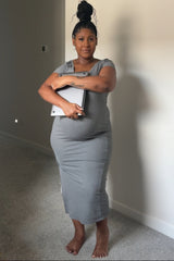 Grey Basic Ribbed Side Slit Maternity Midi Dress