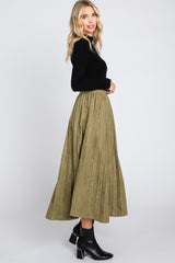 Olive Suede Pleated Midi Skirt
