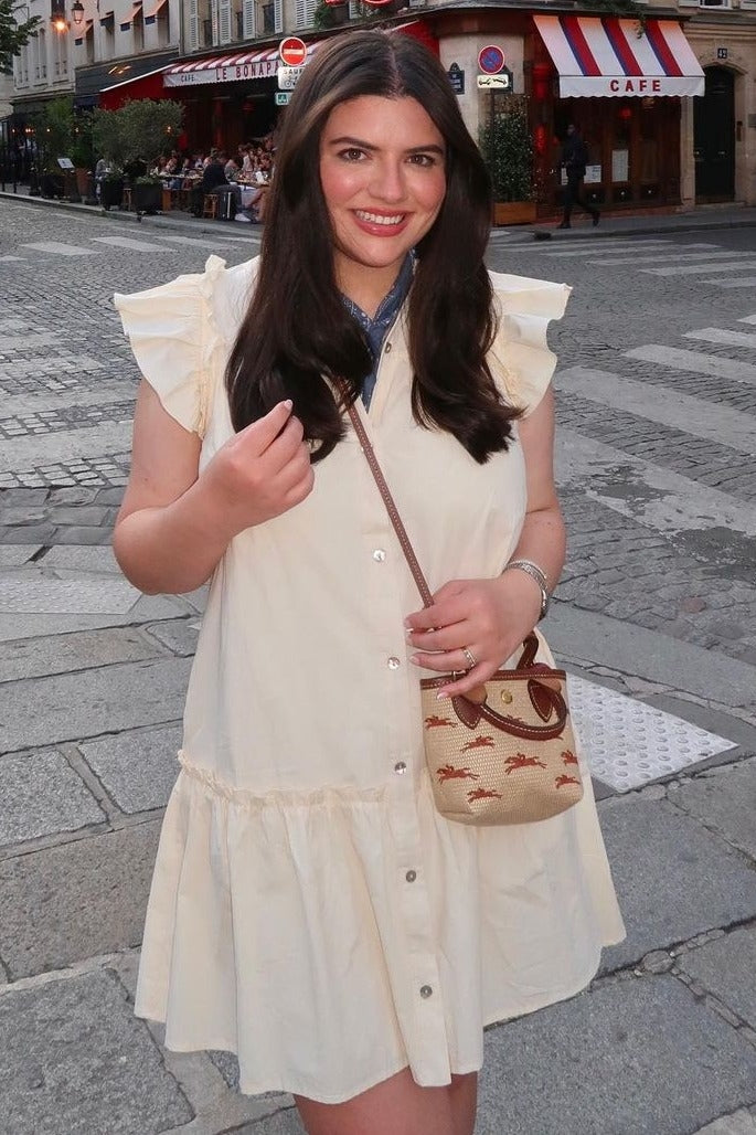 Cream Button Down Dress With Ruffle Sleeves