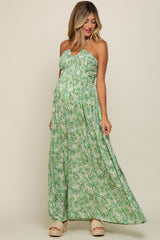Green Floral Halter Neck Maternity Maxi Dress