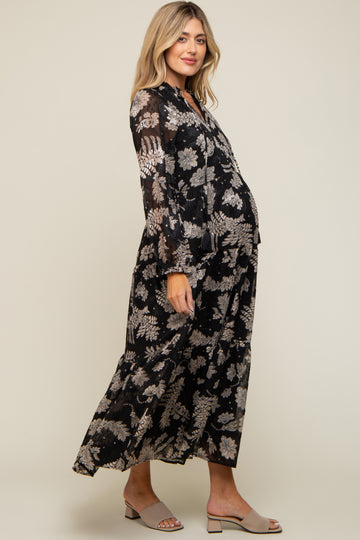 Black Floral Front Button Tiered Maternity Maxi Dress