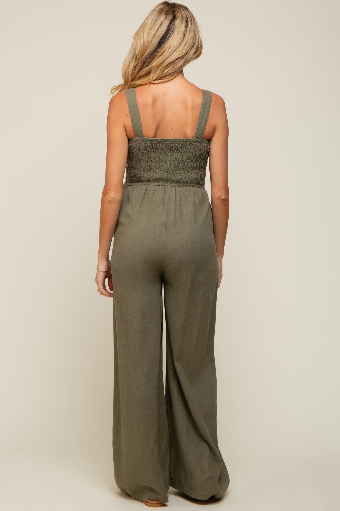 Olive Smocked Button Accent Linen Maternity Jumpsuit