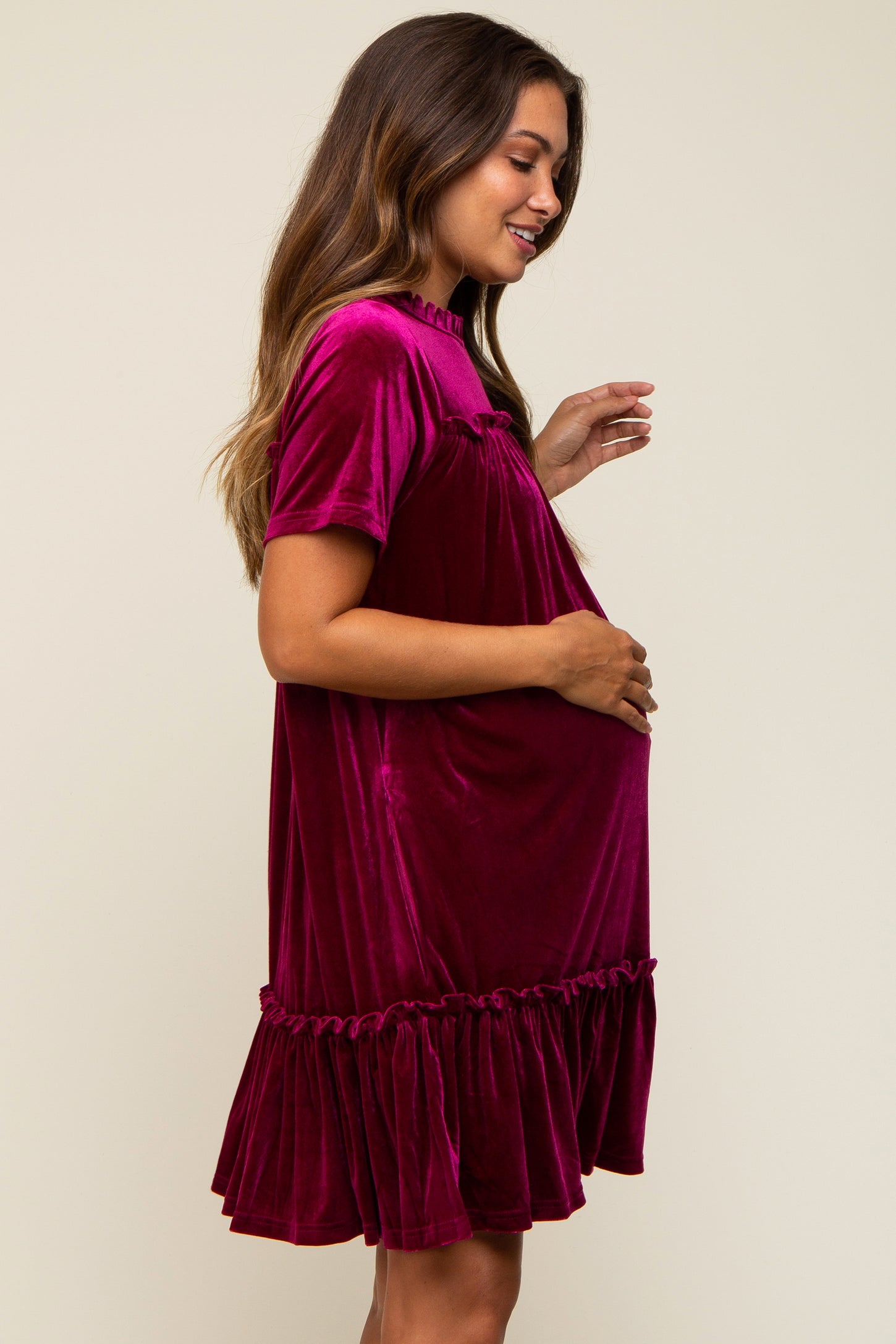Burgundy Jade Ruffle Accent Velvet Maternity Dress