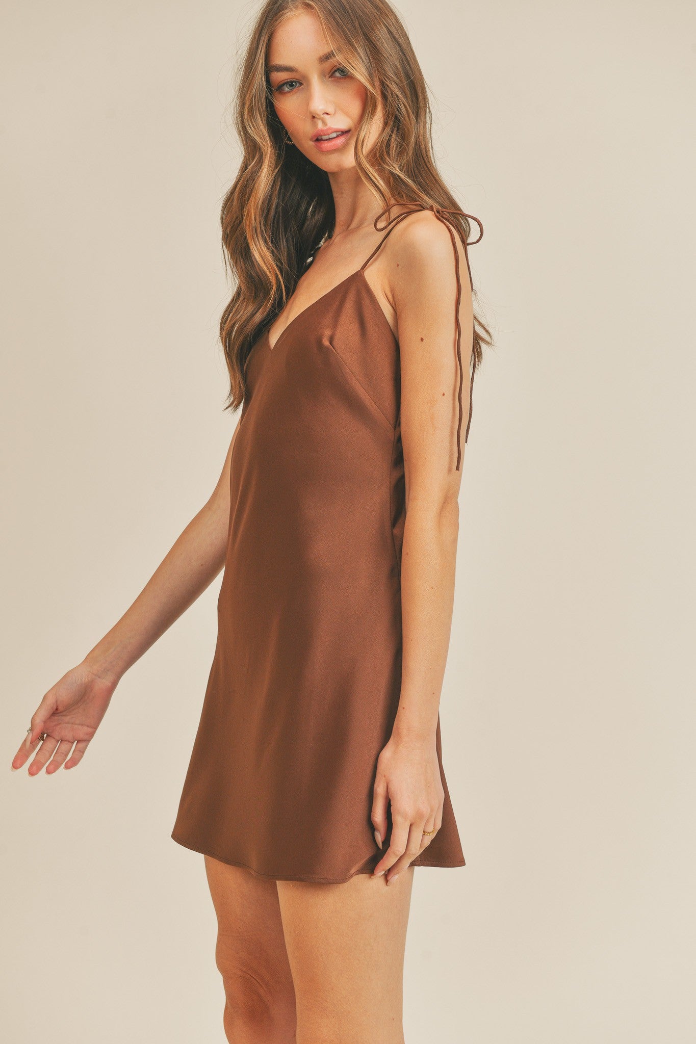 Brown Satin Cami Tie Strap Mini Dress PinkBlush Brown Satin Cami Tie Strap Mini Dress PinkBlush