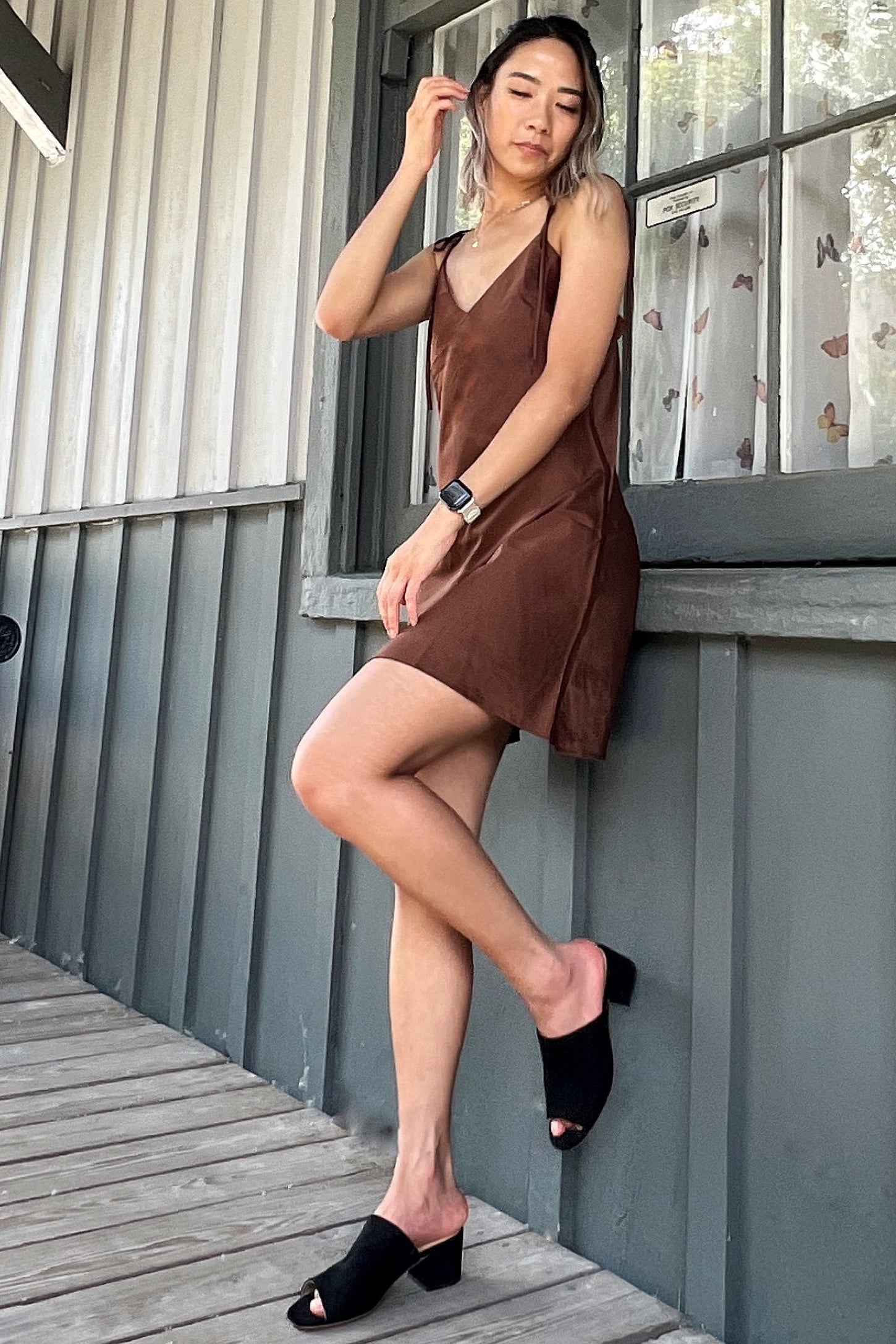 Brown Satin Cami Tie Strap Mini Dress