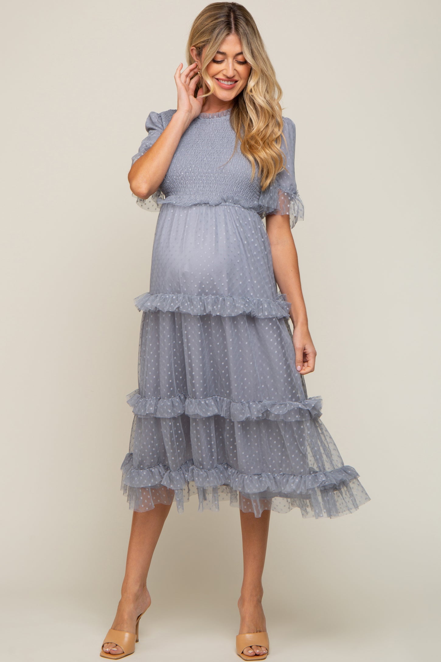 Light Blue Polka Dot Tulle Smocked Maternity Midi Dress
