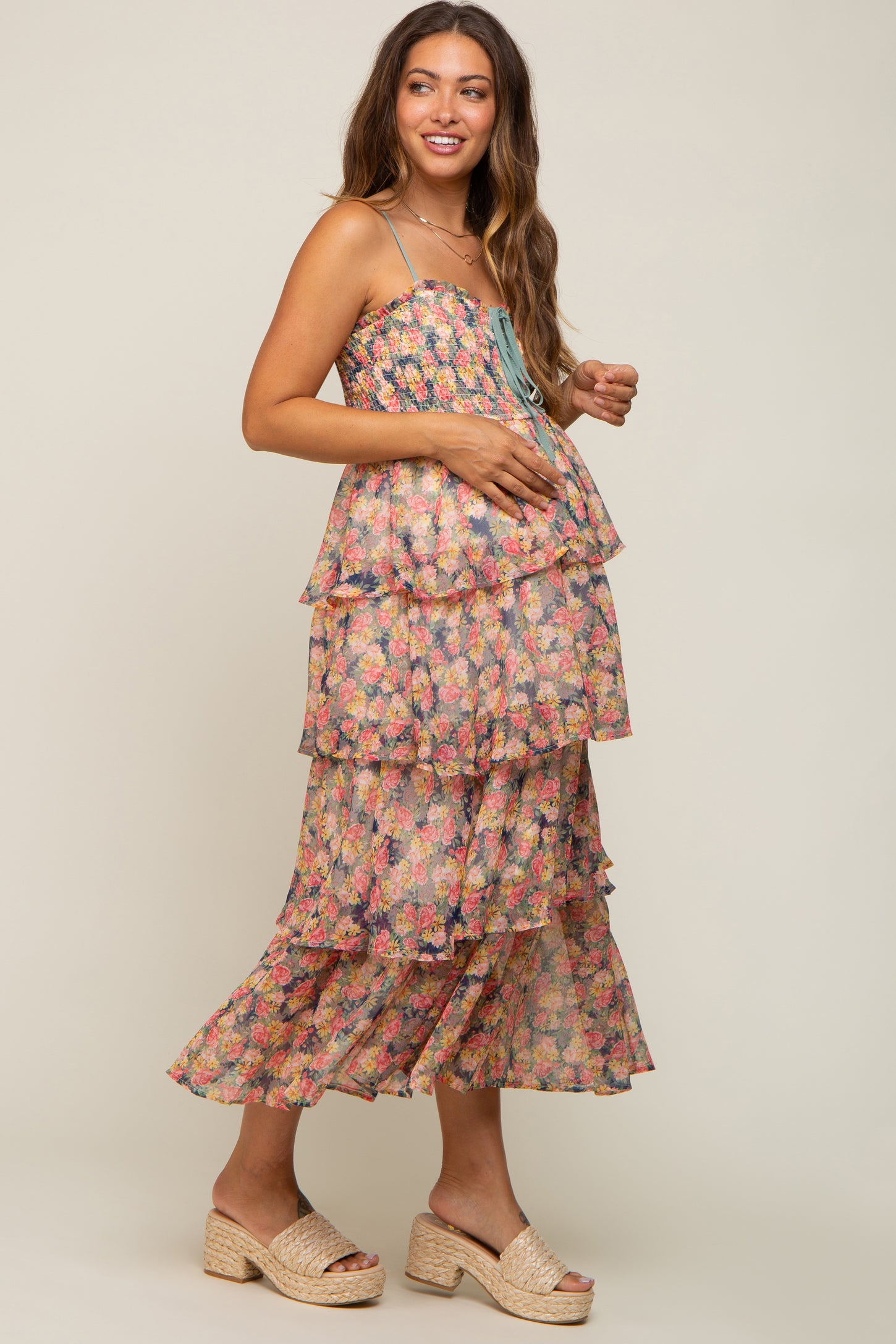 Navy Floral Sleeveless Tiered Maternity Maxi Dress