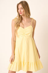 Yellow Ruched Detail Spaghetti Tie Mini Dress