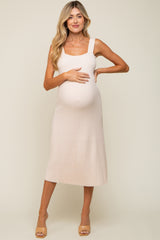 Cream Sweater Knit A-Line Maternity Midi Dress