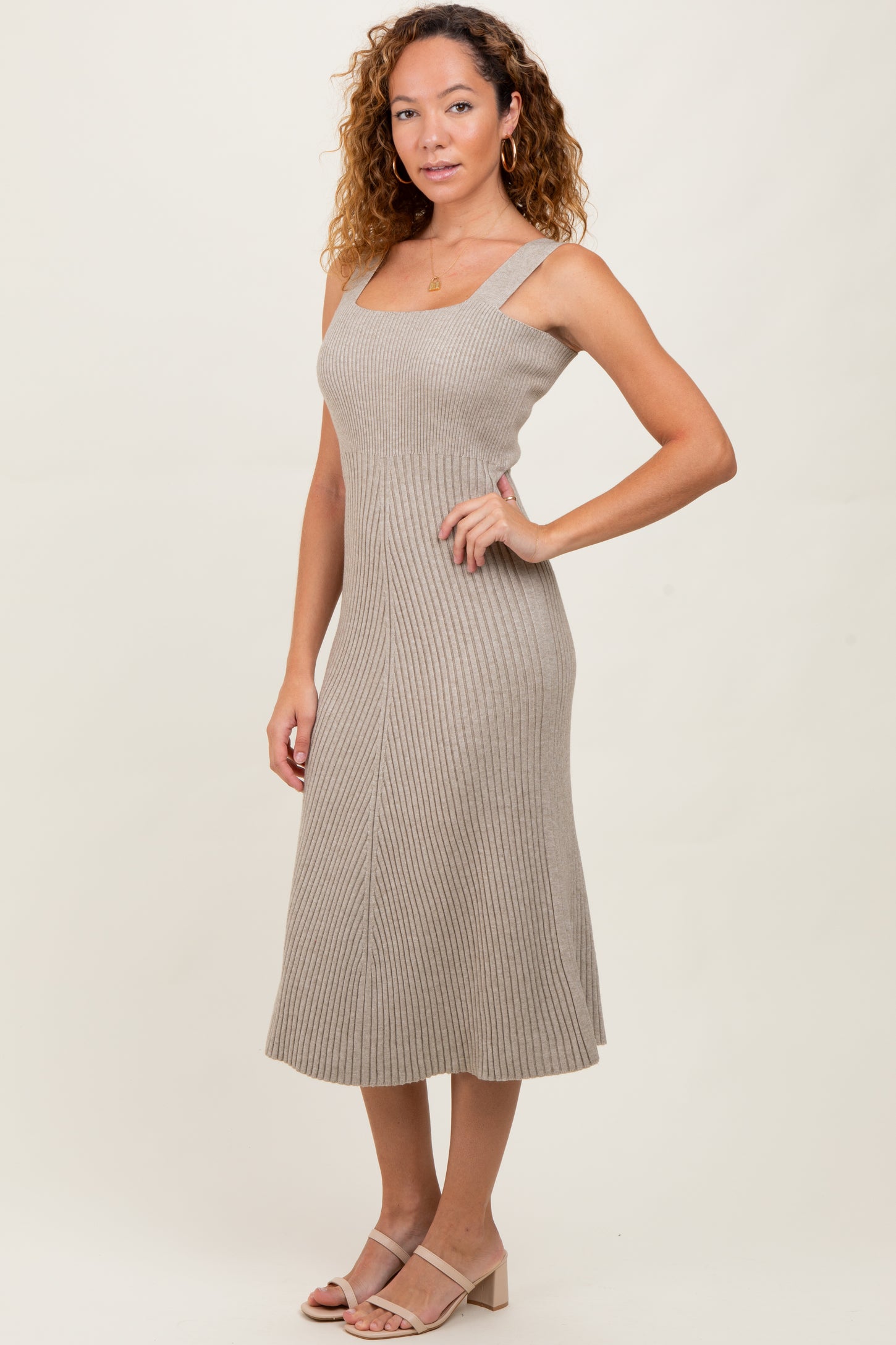 Beige Sweater Knit A-Line Midi Dress