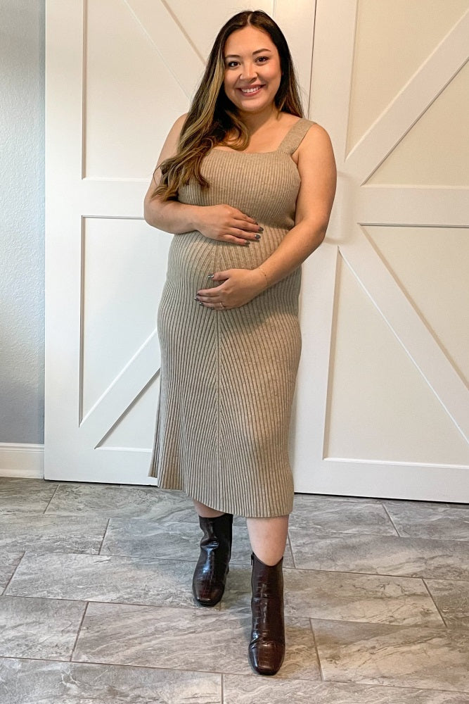 Beige Sweater Knit A-Line Maternity Midi Dress
