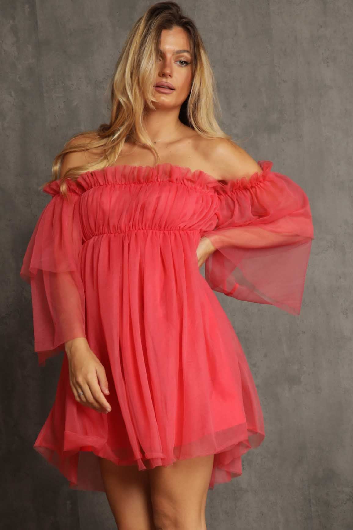 Coral Off Shoulder Tulle Dress