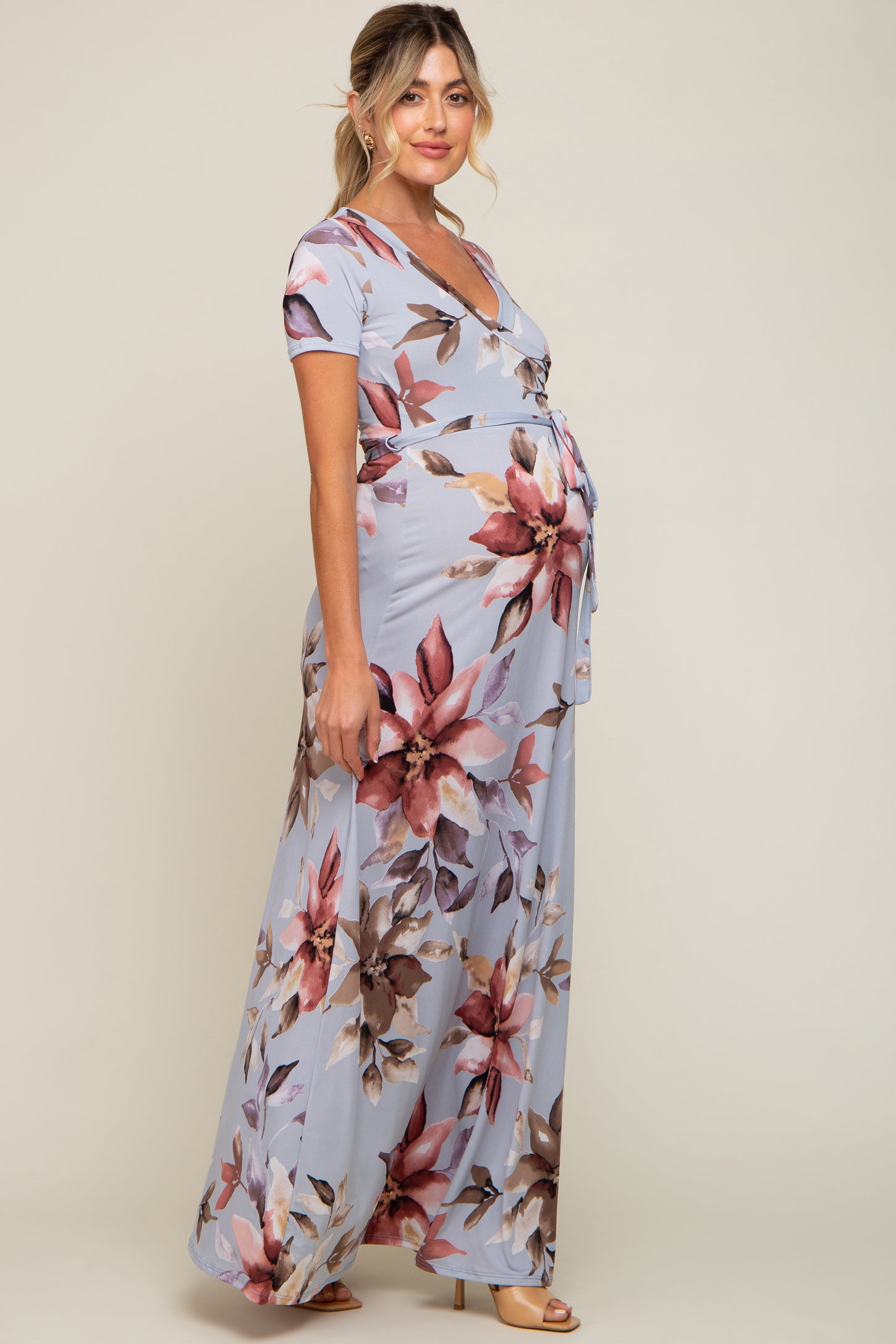 Light Blue Floral Maternity Wrap Dress