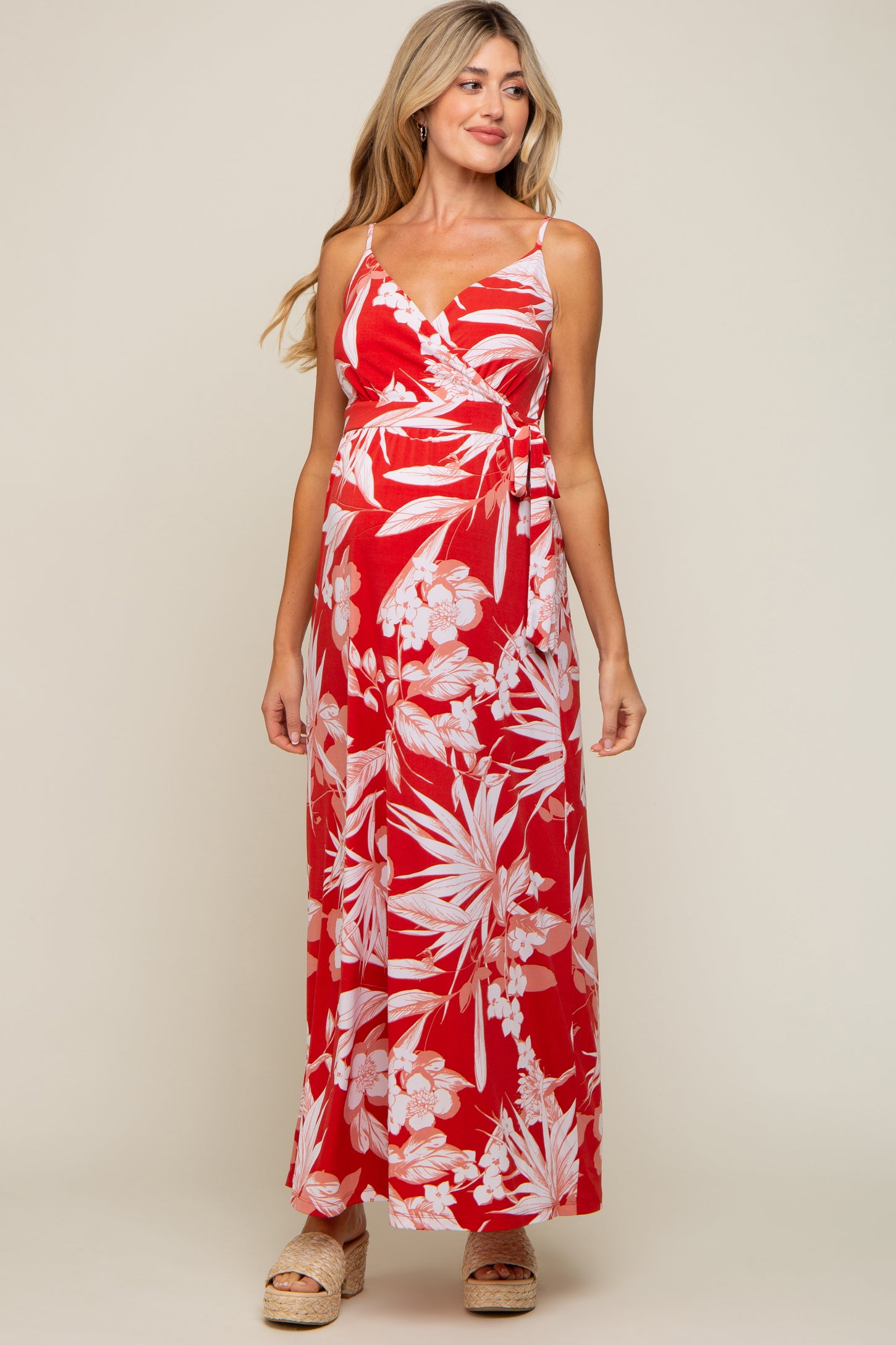 Red Floral Palm Print Wrap Maternity Maxi Dress