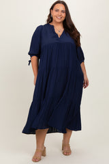 Navy Blue Striped Tiered Maternity Plus Midi Dress