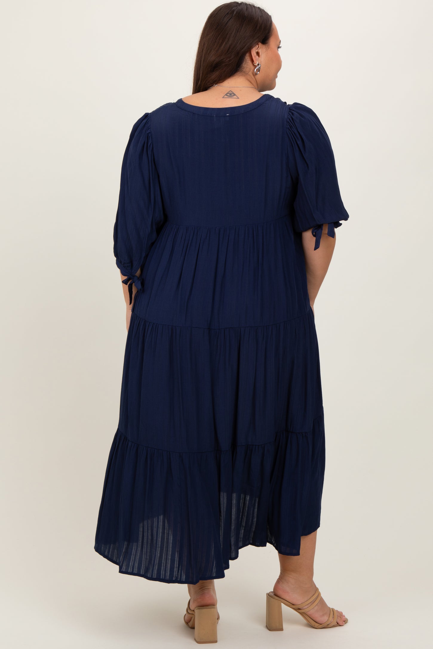 Navy Blue Striped Tiered Plus Midi Dress