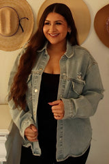 Light Blue Front Pocket Denim Maternity Shacket