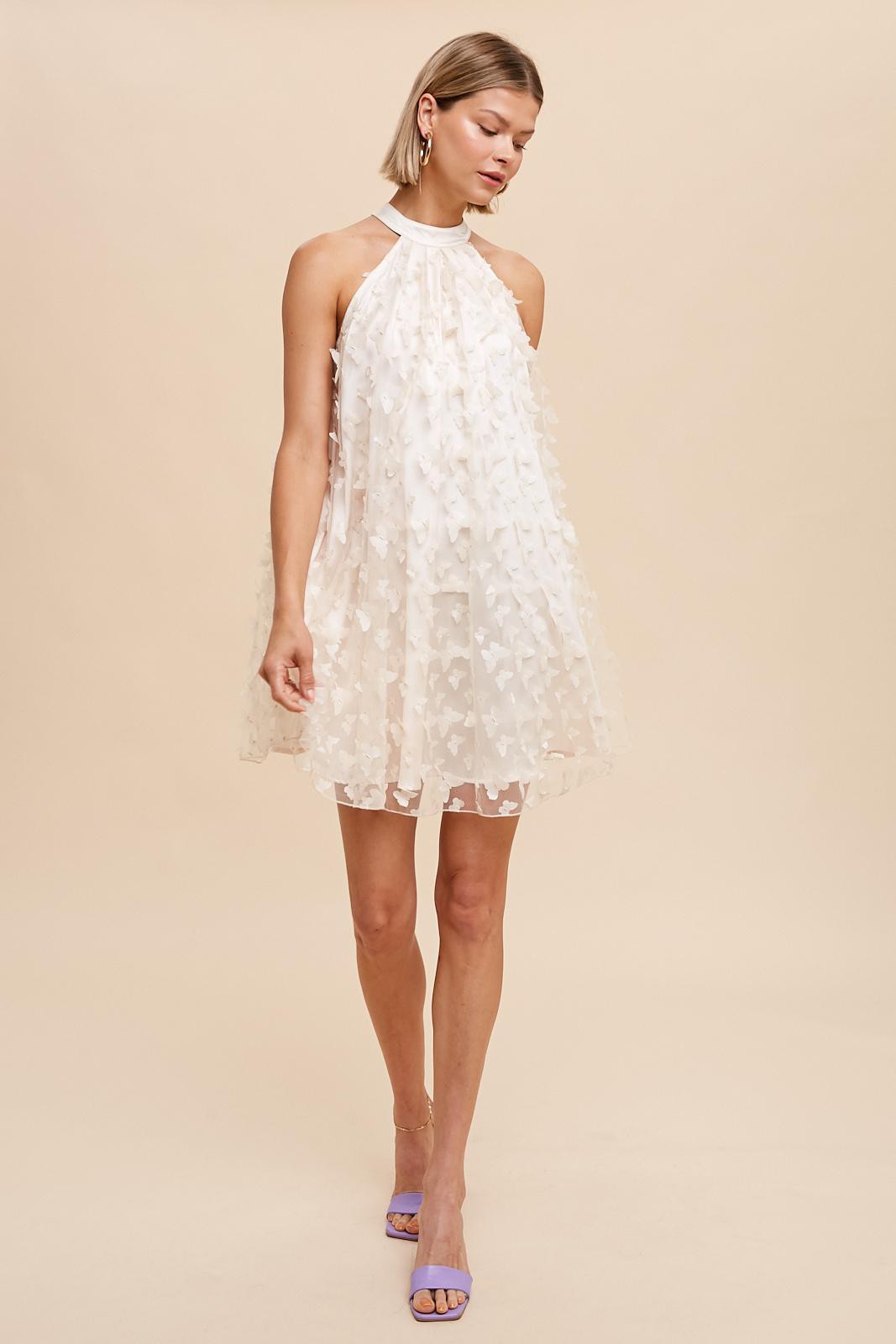 Ivory Butterfly Applique Tie Neck Halter Dress