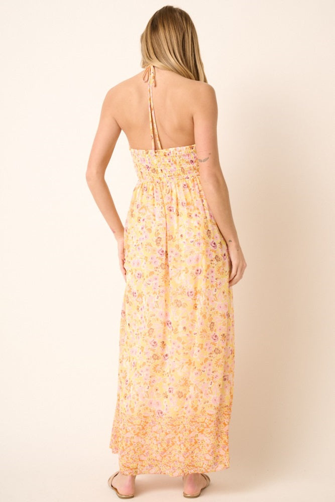 Orange Combo Flower Border Print Ruching Detail Maxi Dress