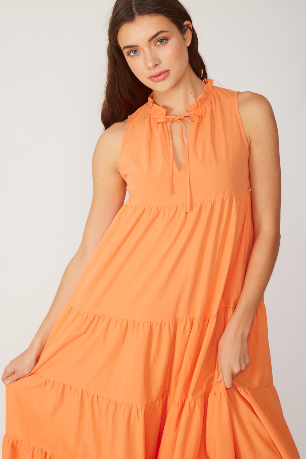 Tangerine Tiered Linen Blend Solid Midi Dress