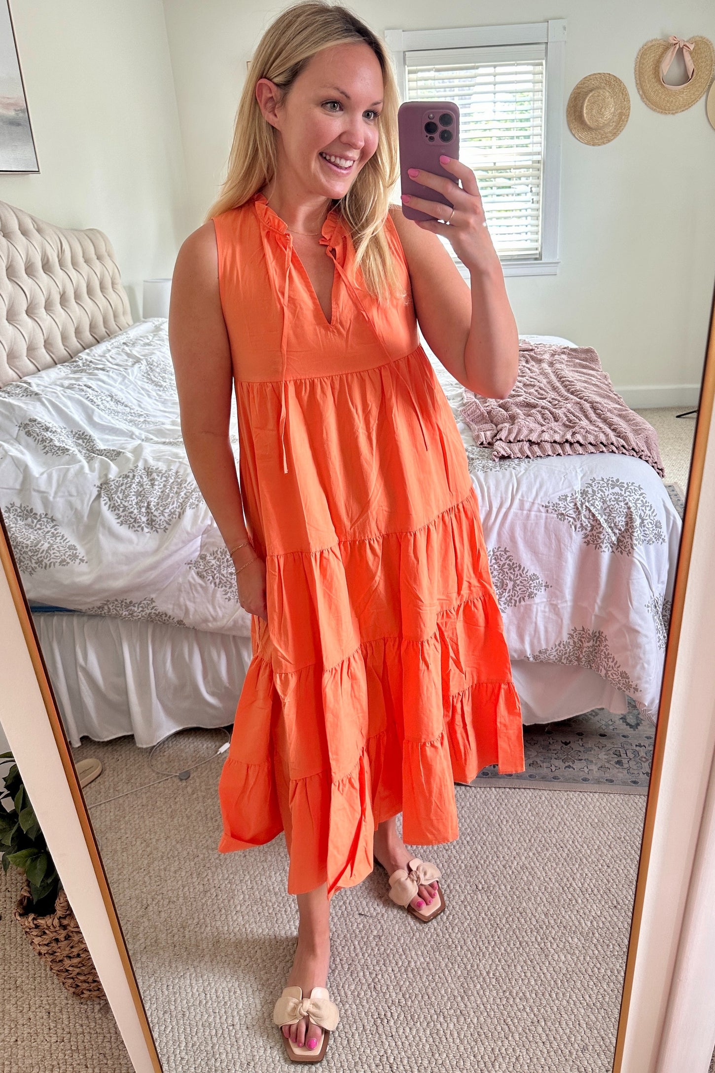 Tangerine Tiered Linen Blend Solid Midi Dress