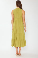 Green Tiered Linen Blend Solid Midi Dress