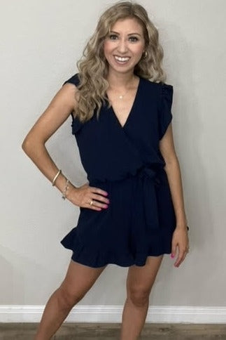 Navy Ruffled V Neck Romper