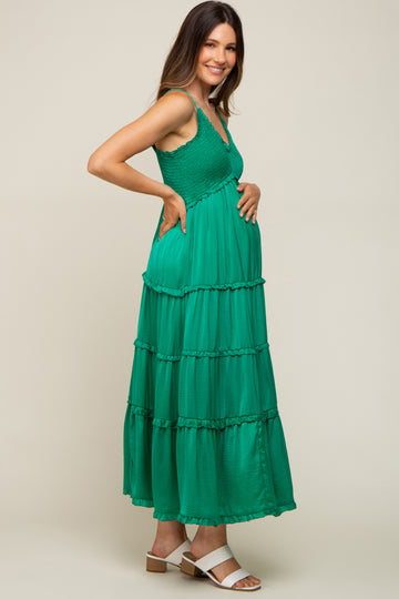 Green Smocked Ruffle Tiered Maternity Maxi Dress