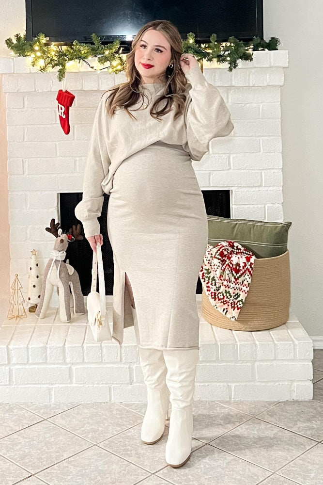 Beige Knit Long Sleeve Crop Top Maternity Midi Skirt Set