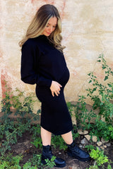 Black Knit Long Sleeve Crop Top Maternity Midi Skirt Set