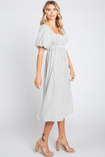 Ivory Striped Linen Smocked Short Puff Sleeve Midi Dress