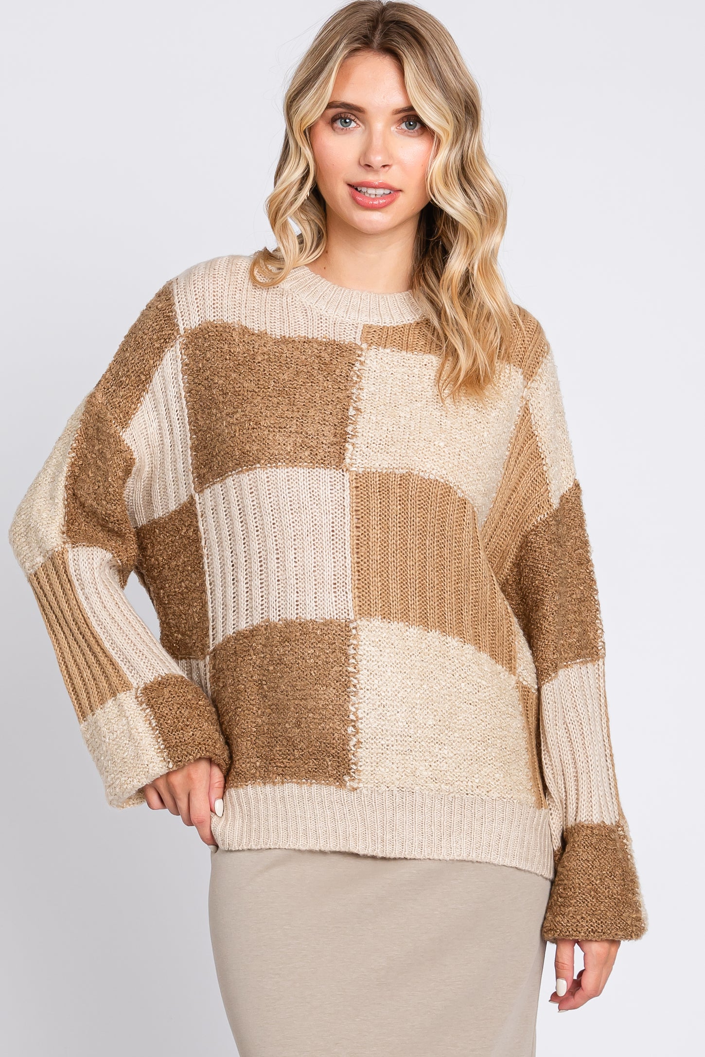 Mocha Multi-Textured Checkered Maternity Sweater