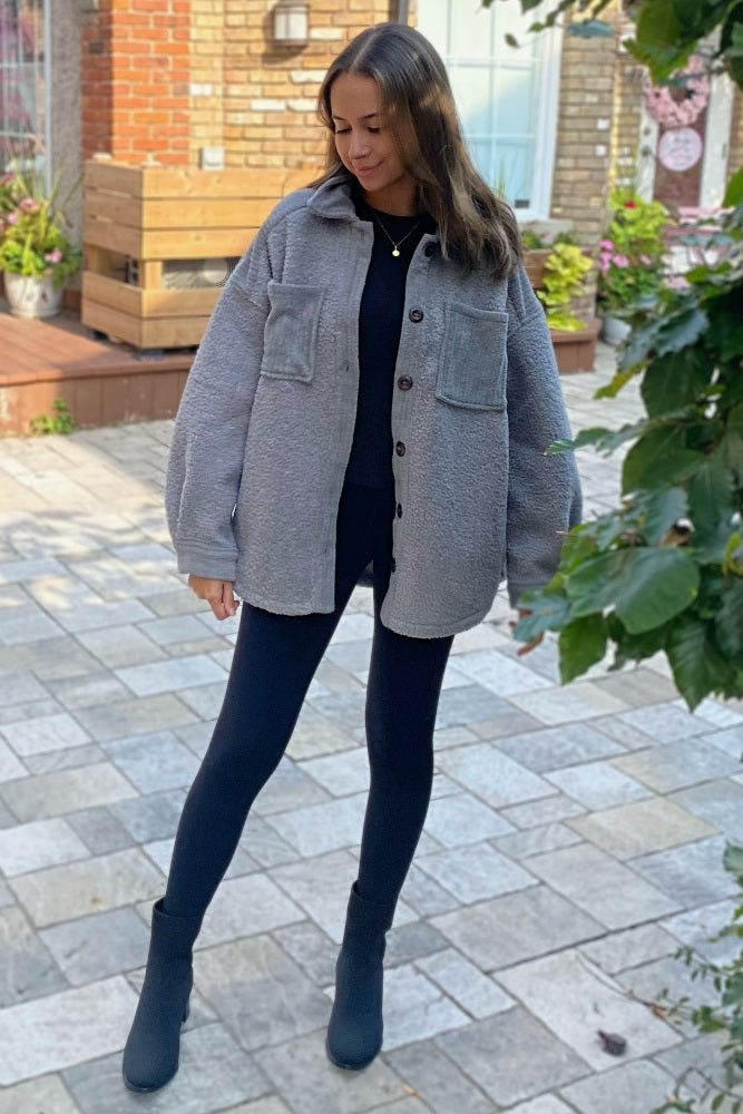 Grey Colorblock Fleece Shirt Jacket