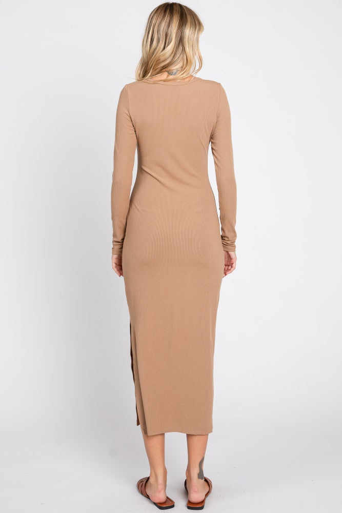 Mocha Ribbed Front Button Long Sleeve Midi Dress