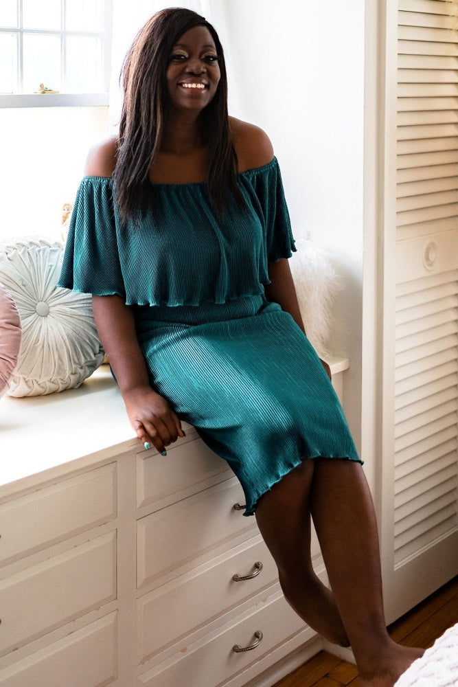 Forest Green Pleated Rib Off Shoulder Dress