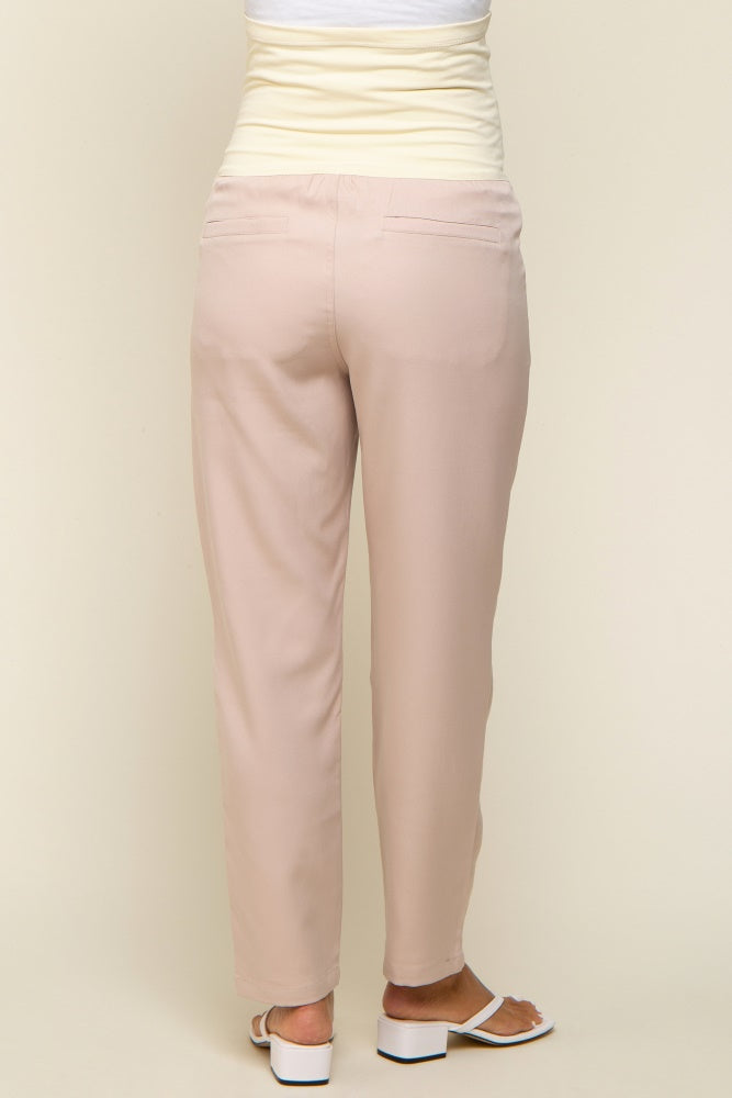 Beige Satin Crop Maternity Pants