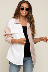 Beige Color Blocked Corduroy Button Down Maternity Top