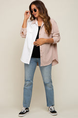 Beige Color Blocked Corduroy Button Down Maternity Top