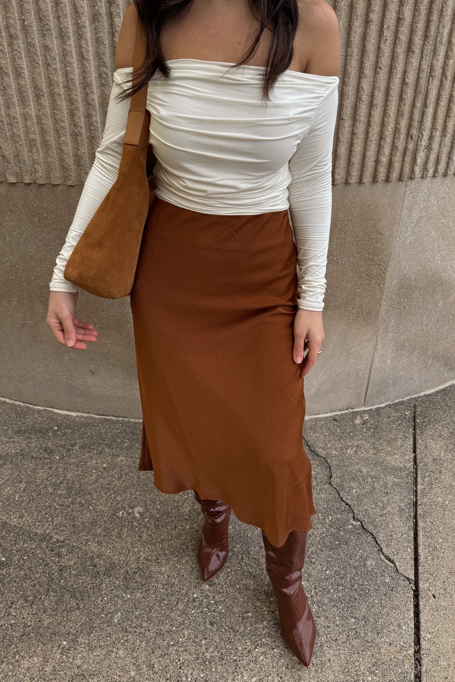 Camel Satin Midi Skirt