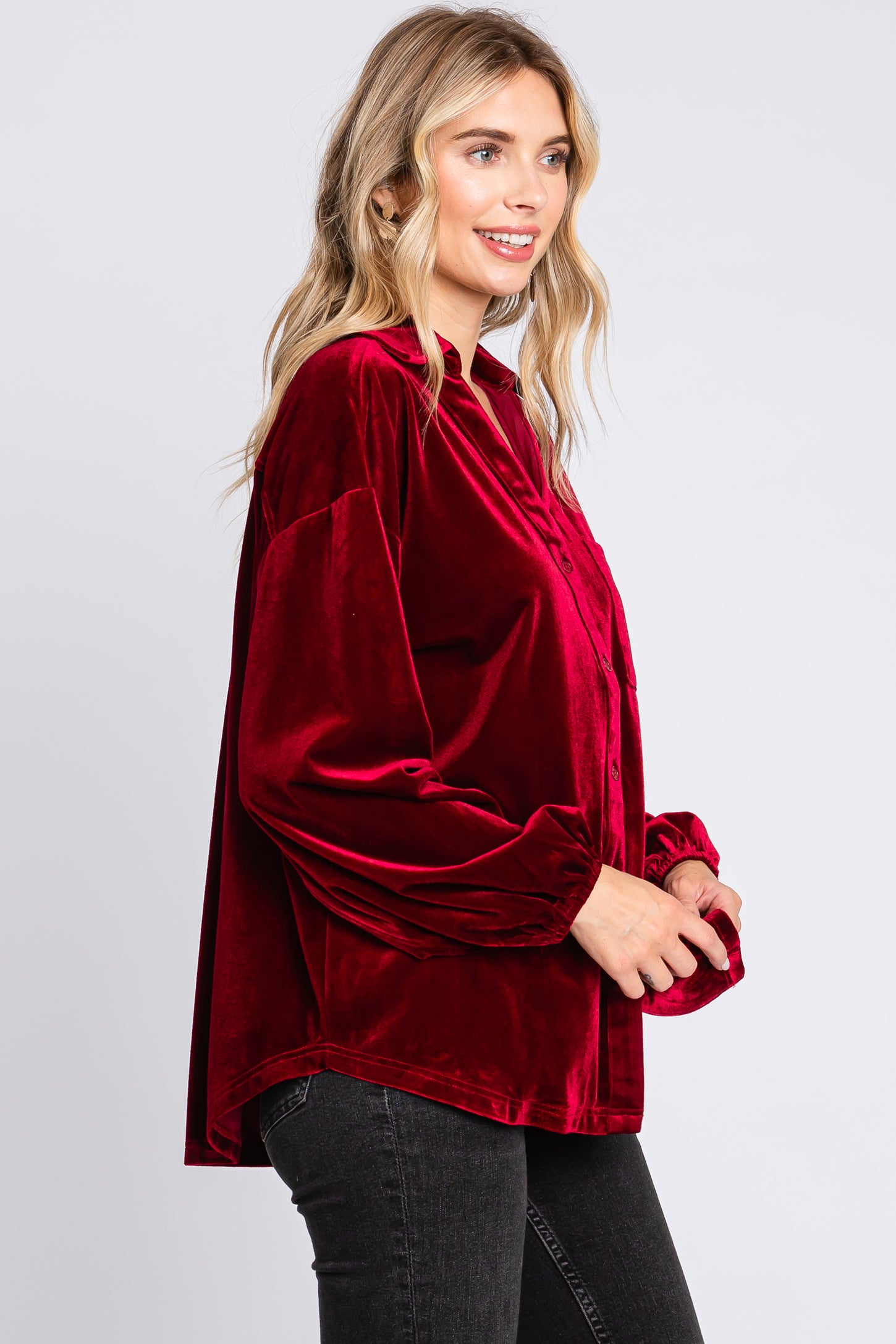 Burgundy Velvet Button Fron Collared Blouse