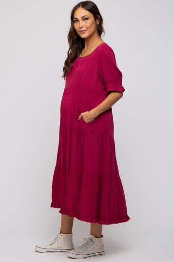 Red Tiered Ruffle Hem Maternity Midi Dress