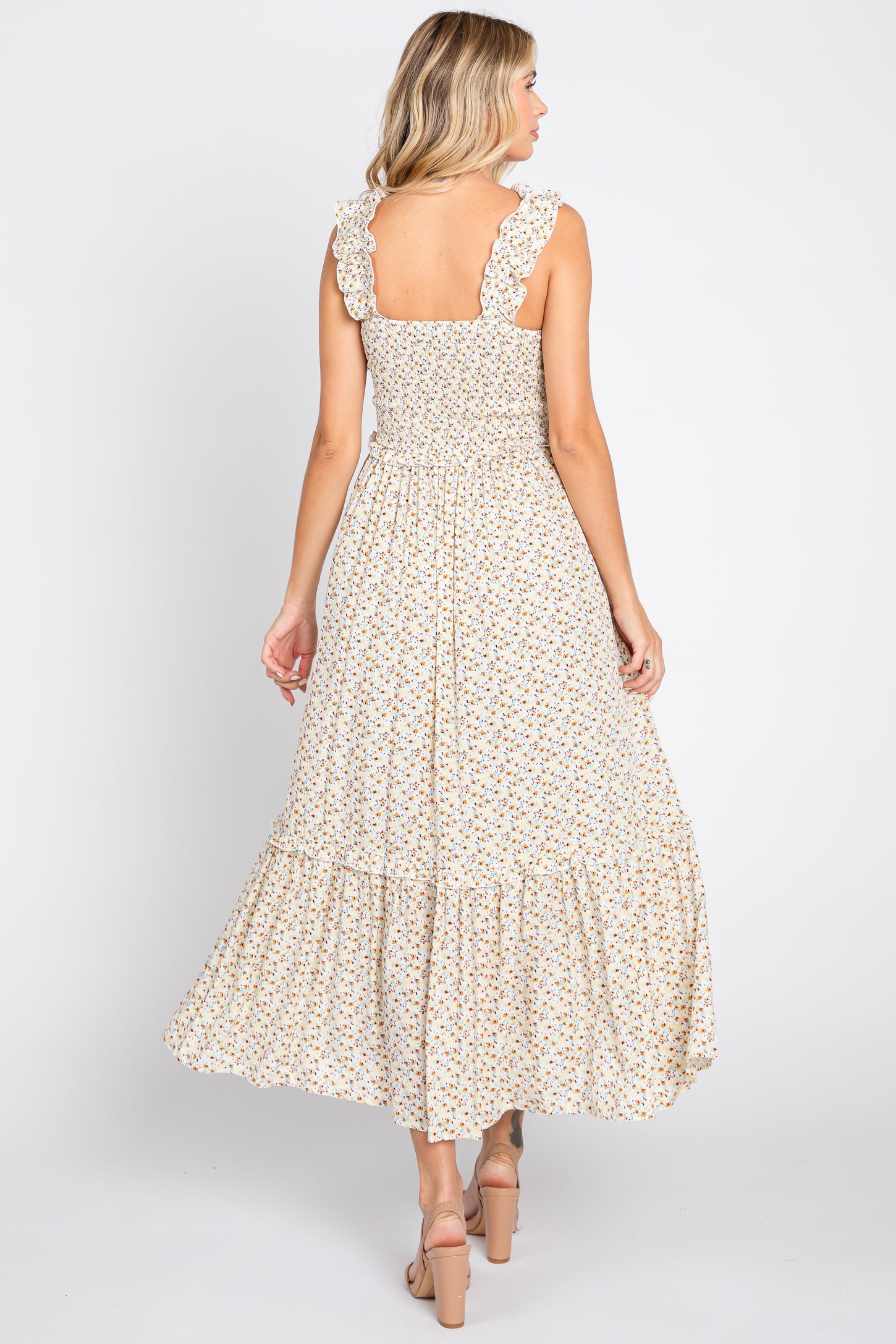 Cream Floral Sleeveless Smocked Ruffle Midi Dress