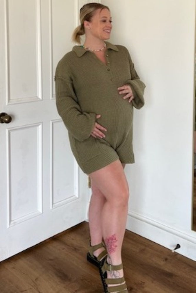 Olive Button Up Maternity Sweater Romper