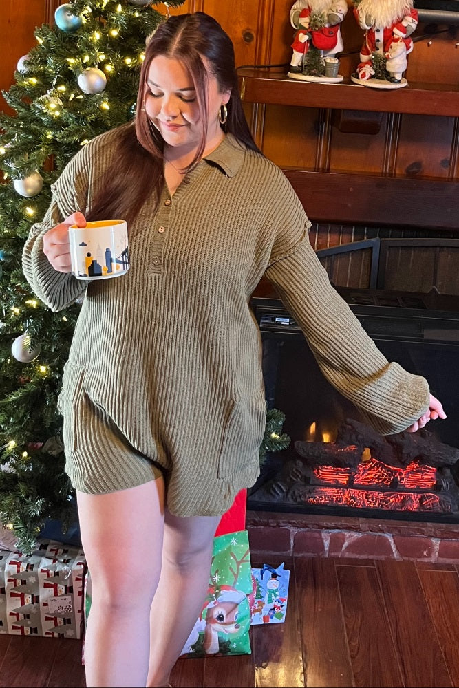 Olive Button Up Sweater Romper