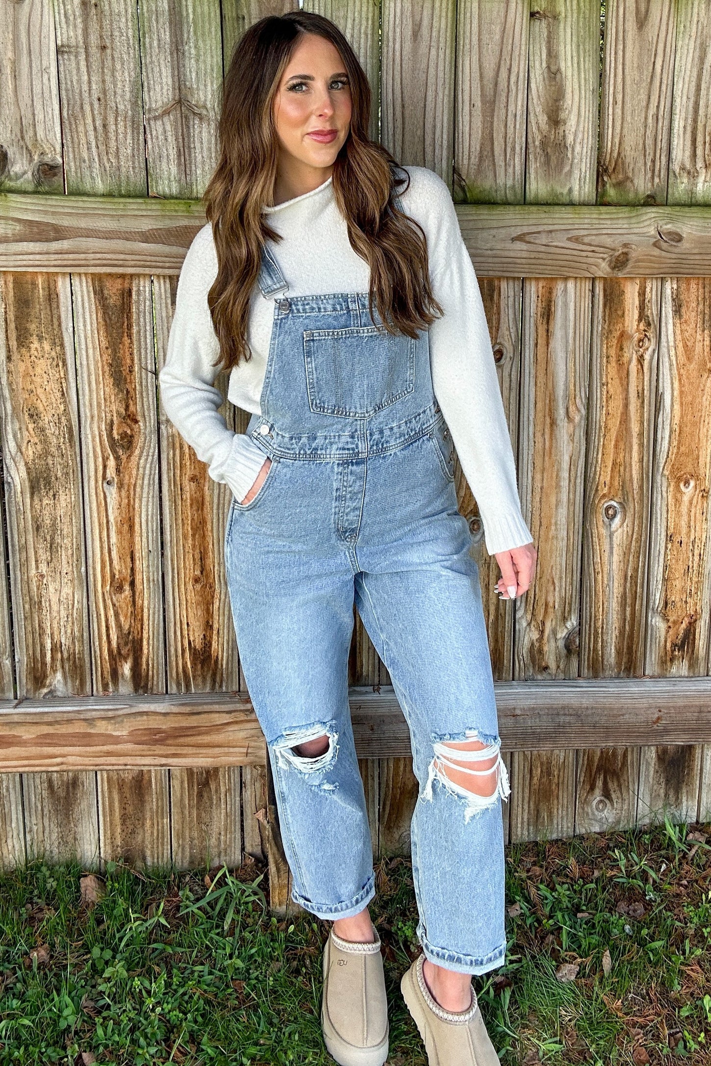 Light Wash Distressed Maternity Overalls