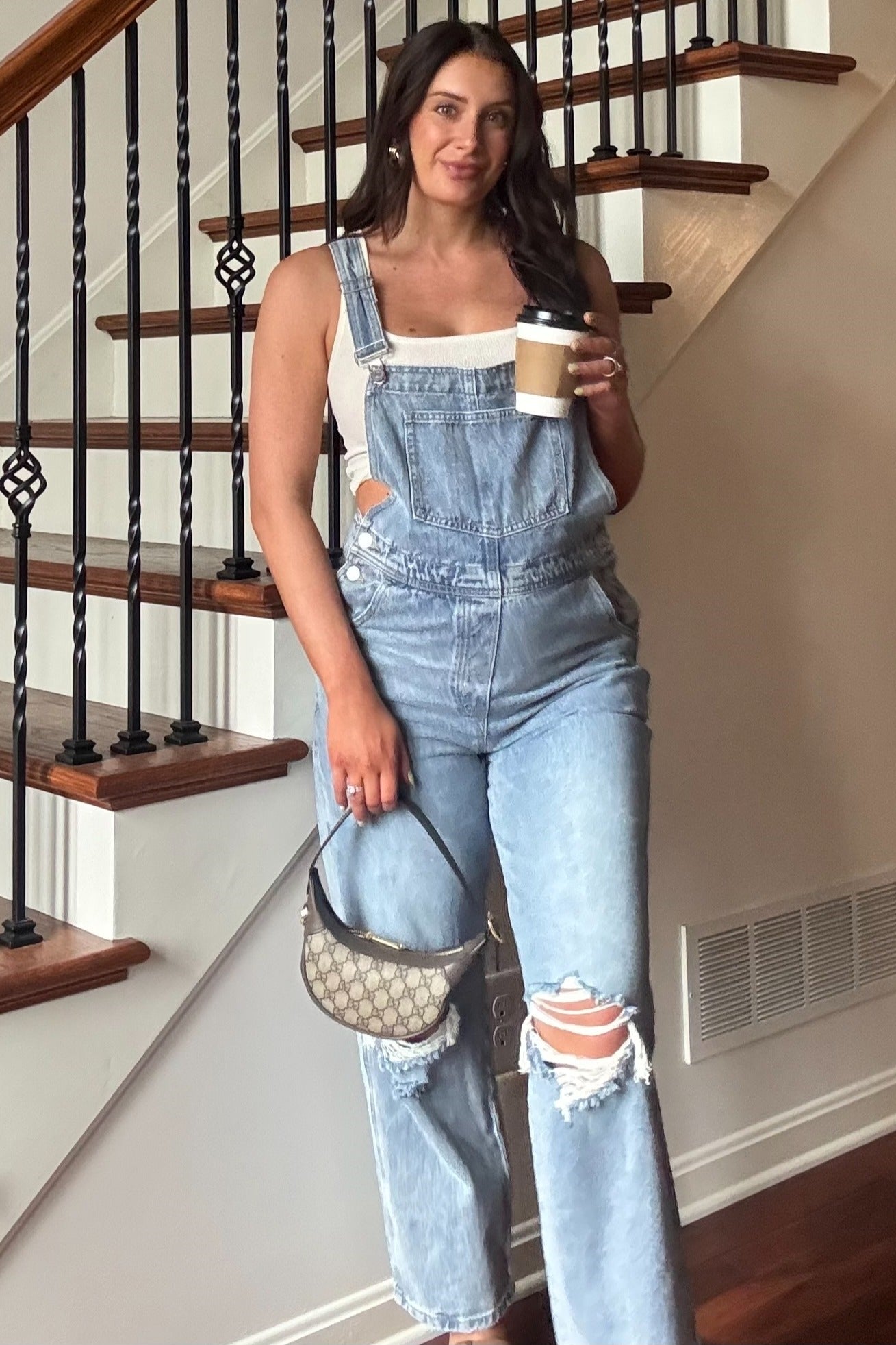 Light Wash Distressed Maternity Overalls